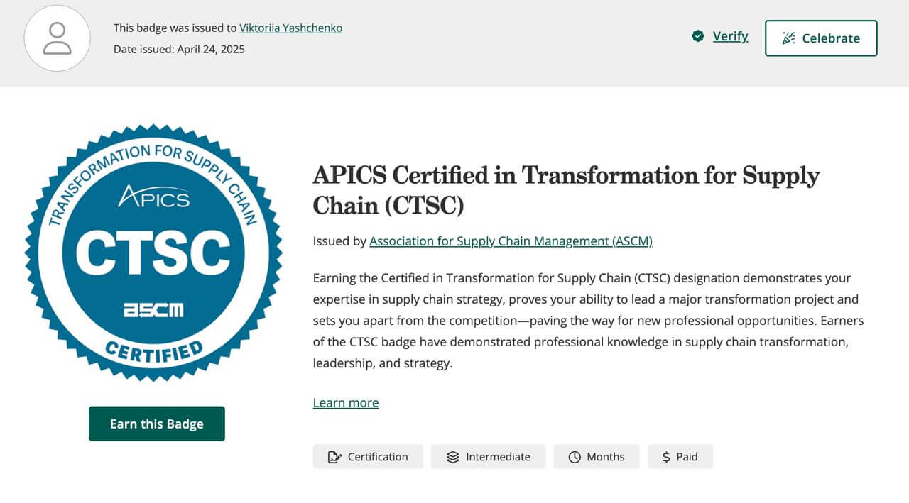 APICS Certified in Transformation for Supply Chain (CTSC) badge