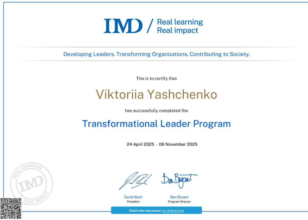 IMD Transformational Leader Program certificate